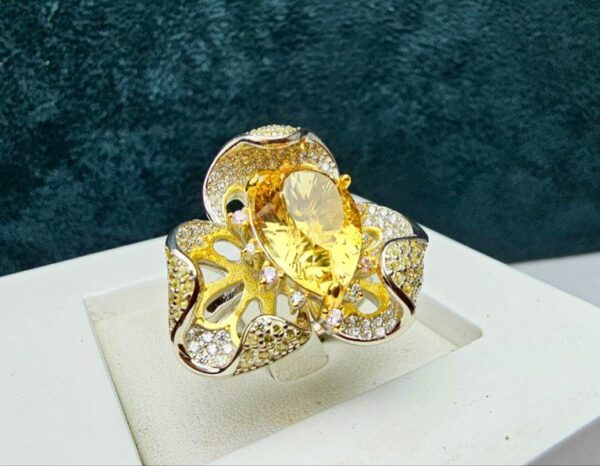 انگشتر نقره زنانه زیبای جواهری سیترین طلایی لیزر کات اصل