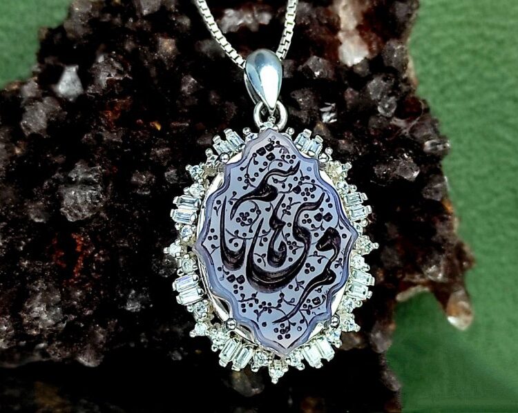 مدال توگردنی نقره عقیق یمنی یاسی اصل شمسه تراش