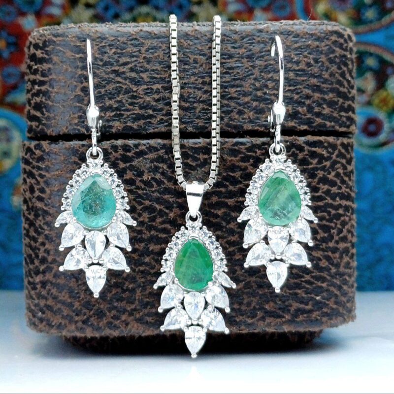 نیم ست جواهری زمرد زامبیا اصلی اشکی تراش