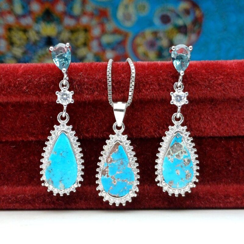 نیم ست جواهری فیروزه نیشابور اصلی اشکی تراش