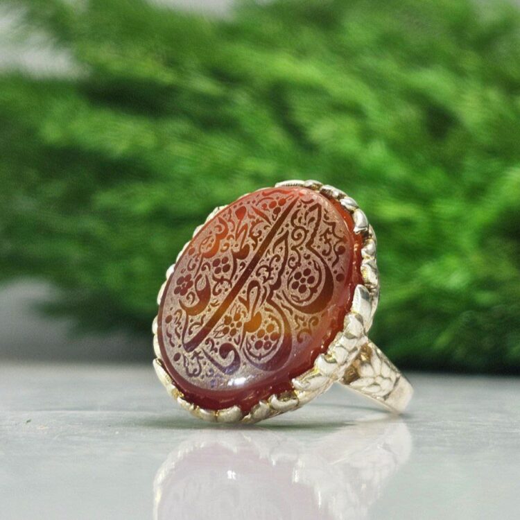 انگشتر نقره زنانه عقیق قرمز حکاکی پنج تن